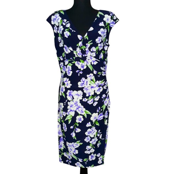 Lauren Ralph Lauren Purple Floral Surplice Accented Ruched Waist Midi Dress - Picture 1 of 4